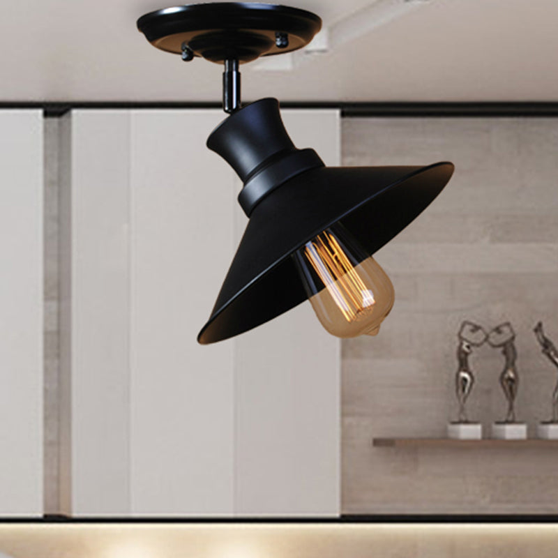 1 Bulb Flared Semi Flush Light Industrial Style Black Finish Metal Rotatable Ceiling Light Fixture for Bar Clearhalo 'Ceiling Lights' 'Close To Ceiling Lights' 'Close to ceiling' 'Semi-flushmount' Lighting' 467507