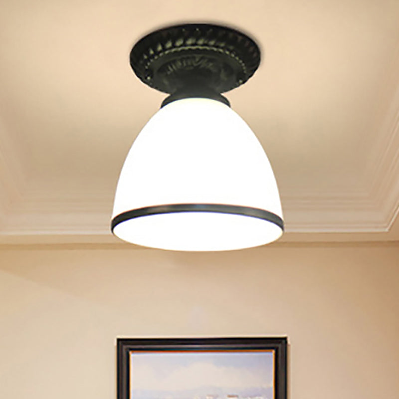1 Light Barn/Dome/Flower Shade Semi Flush Light Industrial Milky Glass Ceiling Mount for Gallery in Black Clearhalo 'Ceiling Lights' 'Close To Ceiling Lights' 'Close to ceiling' 'Glass shade' 'Glass' 'Island Lights' 'Semi-flushmount' Lighting' 467516