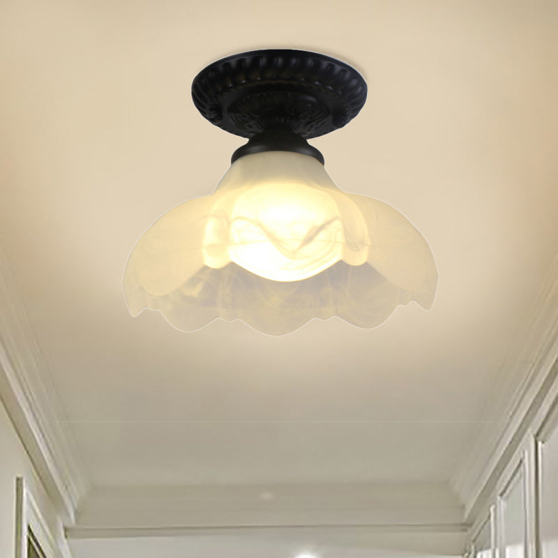 1 Light Barn/Dome/Flower Shade Semi Flush Light Industrial Milky Glass Ceiling Mount for Gallery in Black Clearhalo 'Ceiling Lights' 'Close To Ceiling Lights' 'Close to ceiling' 'Glass shade' 'Glass' 'Island Lights' 'Semi-flushmount' Lighting' 467518