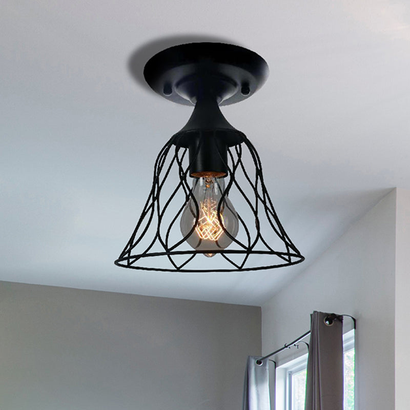 1 Bulb Ceiling Lighting Antique Bell Cage Shade Metallic Semi Flush Pendant Light in Black for Bedroom Clearhalo 'Ceiling Lights' 'Close To Ceiling Lights' 'Close to ceiling' 'Semi-flushmount' Lighting' 467519