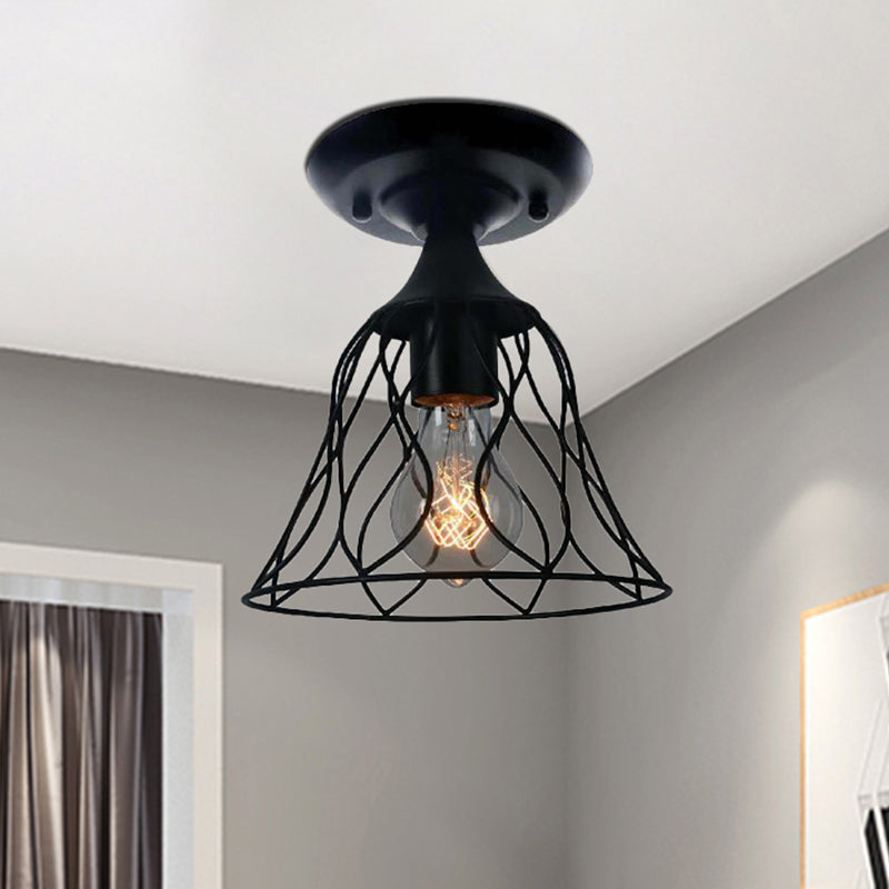 1 Bulb Ceiling Lighting Antique Bell Cage Shade Metallic Semi Flush Pendant Light in Black for Bedroom Clearhalo 'Ceiling Lights' 'Close To Ceiling Lights' 'Close to ceiling' 'Semi-flushmount' Lighting' 467520