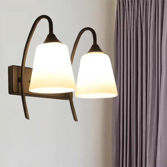 2-Bulb Frosted Glass Sconce Light Fixture Industrial Black Tapered Bedroom Wall Lamp Clearhalo 'Cast Iron' 'Glass' 'Industrial' 'Modern wall lights' 'Modern' 'Tiffany' 'Traditional wall lights' 'Wall Lamps & Sconces' 'Wall Lights' Lighting' 467557