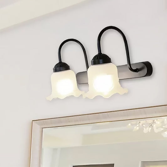 White Glass Black Sconce Light Scalloped 2-Light Industrial Wall Lamp Fixture for Living Room Clearhalo 'Cast Iron' 'Glass' 'Industrial' 'Modern wall lights' 'Modern' 'Tiffany' 'Traditional wall lights' 'Wall Lamps & Sconces' 'Wall Lights' Lighting' 467589