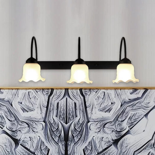 3-Bulb Wall Light with Flared Shade Opal Glass Industrial Living Room Sconce Lighting Fixture in Black Clearhalo 'Cast Iron' 'Glass' 'Industrial' 'Modern wall lights' 'Modern' 'Tiffany' 'Traditional wall lights' 'Wall Lamps & Sconces' 'Wall Lights' Lighting' 467610