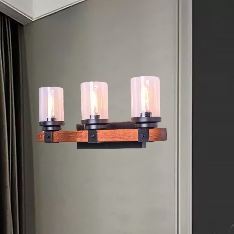 3-Bulb Wall Light with Cylinder Shade Clear Glass Traditional Living Room Sconce Lighting Fixture in Brown Clearhalo 'Industrial wall lights' 'Industrial' 'Middle century wall lights' 'Rustic wall lights' 'Tiffany' 'Wall Lamps & Sconces' 'Wall Lights' Lighting' 467644