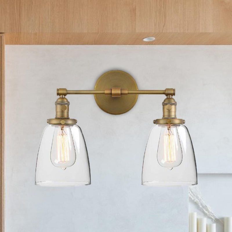 Clear Glass Brass Sconce Light Conical 2-Light Industrial Wall Lamp Fixture for Foyer Clearhalo 'Cast Iron' 'Glass' 'Industrial wall lights' 'Industrial' 'Middle century wall lights' 'Modern' 'Tiffany' 'Traditional wall lights' 'Wall Lamps & Sconces' 'Wall Lights' Lighting' 467682
