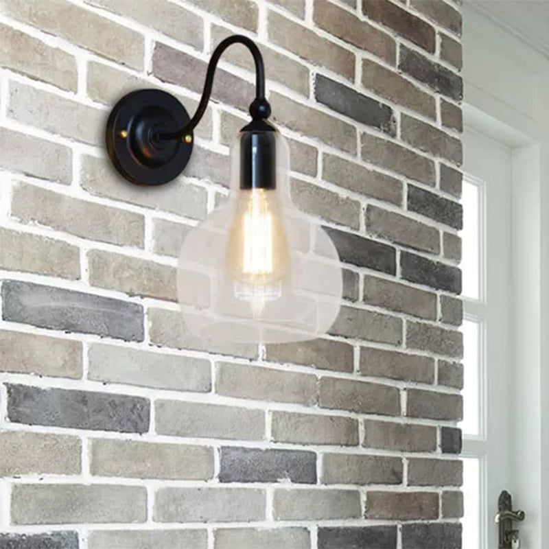 One Bulb Wall Light with Gourd Shade Clear Glass Industrial Corridor Sconce Lighting Fixture in Black Clearhalo 'Cast Iron' 'Glass' 'Industrial wall lights' 'Industrial' 'Middle century wall lights' 'Modern' 'Tiffany' 'Traditional wall lights' 'Wall Lamps & Sconces' 'Wall Lights' Lighting' 467738