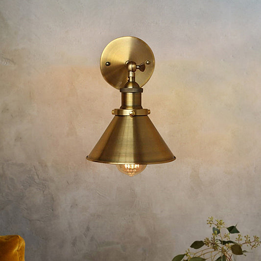 1 Bulb Sconce Wall Lighting with Conic Shade and Plug-In Cord Metal Industrial Indoor Wall Lamp in Brass Clearhalo 'Art deco wall lights' 'Cast Iron' 'Glass' 'Industrial wall lights' 'Industrial' 'Middle century wall lights' 'Modern' 'Rustic wall lights' 'Tiffany' 'Traditional wall lights' 'Wall Lamps & Sconces' 'Wall Lights' Lighting' 467756