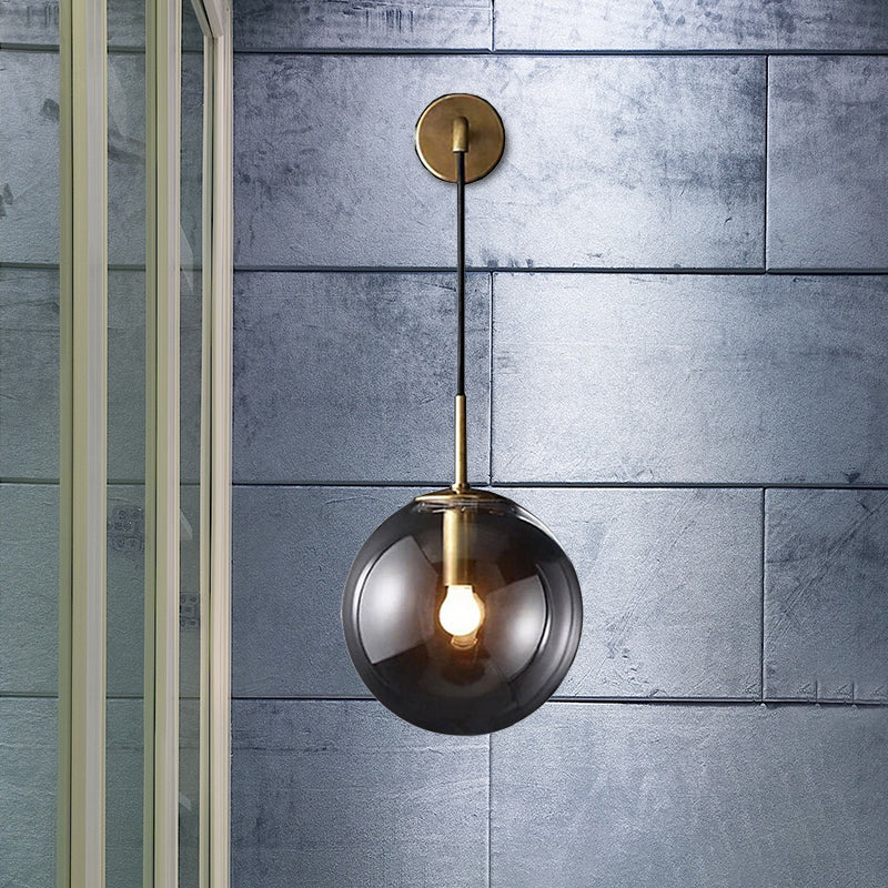 Modern Spherical Wall Lighting Fixture 1 Bulb Smoked Glass Sconce Light in Black/Brass for Living Room, 8"/10" Clearhalo 'Cast Iron' 'Glass' 'Industrial wall lights' 'Industrial' 'Middle century wall lights' 'Modern' 'Tiffany' 'Traditional wall lights' 'Wall Lamps & Sconces' 'Wall Lights' Lighting' 467760