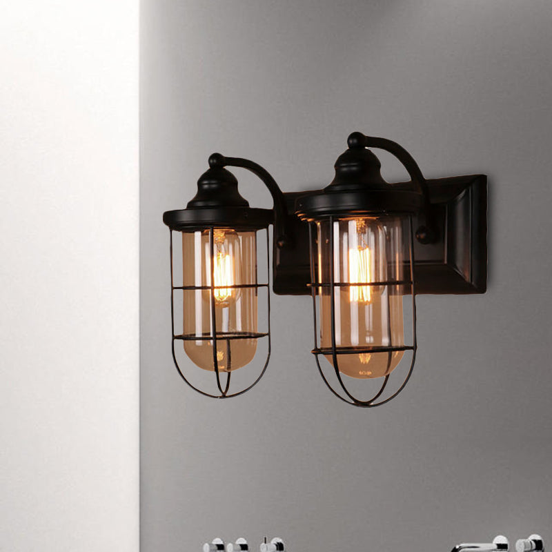Industrial Wire Cage Wall Lighting Fixture 1/2-Bulb Clear Glass Sconce Light in Black for Stairway Clearhalo 'Cast Iron' 'Glass' 'Industrial wall lights' 'Industrial' 'Middle century wall lights' 'Modern' 'Tiffany' 'Traditional wall lights' 'Wall Lamps & Sconces' 'Wall Lights' Lighting' 467762