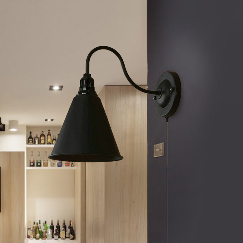 1 Light Tapered Wall Sconce with Plug-In Cord Industrial Black Metallic Sconce Light for Front Door Clearhalo 'Art deco wall lights' 'Cast Iron' 'Glass' 'Industrial wall lights' 'Industrial' 'Middle century wall lights' 'Modern' 'Rustic wall lights' 'Tiffany' 'Traditional wall lights' 'Wall Lamps & Sconces' 'Wall Lights' Lighting' 467775