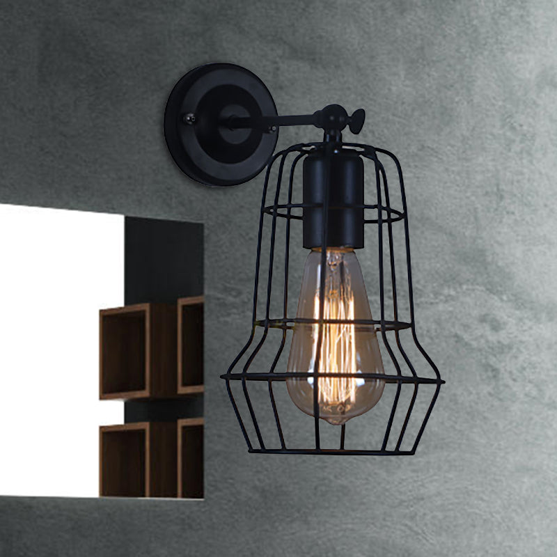 Black Barrel/Flared Cage Wall Sconce Industrial Style Metal 1 Head Living Room Rotatable Wall Mount Light Clearhalo 'Art deco wall lights' 'Cast Iron' 'Glass' 'Industrial wall lights' 'Industrial' 'Middle century wall lights' 'Modern' 'Rustic wall lights' 'Tiffany' 'Traditional wall lights' 'Wall Lamps & Sconces' 'Wall Lights' Lighting' 467803