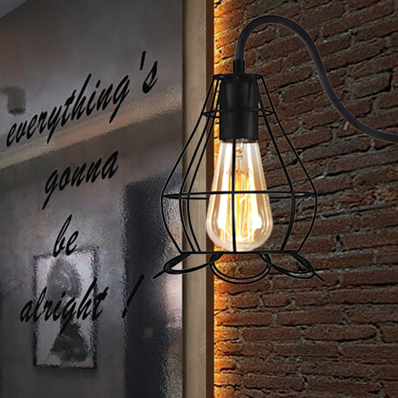 Black 1 Head Wall Lamp Vintage Industrial Metal Gourd/Squared Wall Light Sconce with Wire Frame for Coffee Shop Clearhalo 'Art deco wall lights' 'Cast Iron' 'Glass' 'Industrial wall lights' 'Industrial' 'Middle century wall lights' 'Modern' 'Rustic wall lights' 'Tiffany' 'Traditional wall lights' 'Wall Lamps & Sconces' 'Wall Lights' Lighting' 467815