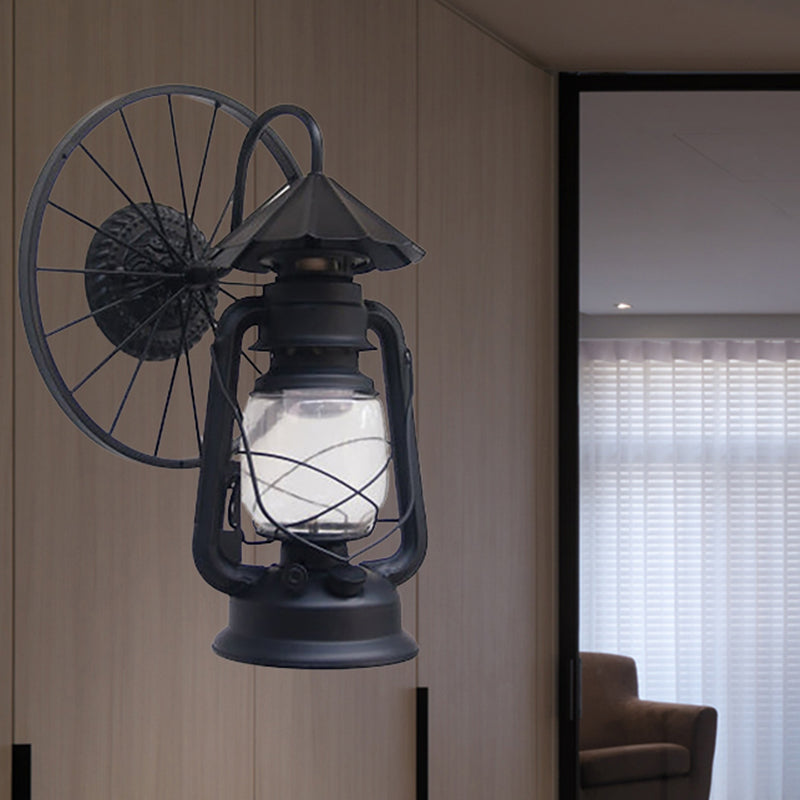 1 Bulb Lantern Wall Sconce Light Antique Stylish Black/Bronze Finish Wrought Iron Wall Mounted Lamp with Wheel Decoration Clearhalo 'Art deco wall lights' 'Cast Iron' 'Glass' 'Industrial wall lights' 'Industrial' 'Middle century wall lights' 'Modern' 'Rustic wall lights' 'Tiffany' 'Traditional wall lights' 'Wall Lamps & Sconces' 'Wall Lights' Lighting' 467929