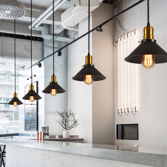 8.5"/10"/12" Wide Industrial Tapered Pendant Light 1 Light Metal Hanging Lamp in Black for Restaurant Clearhalo 'Art Deco Pendants' 'Black' 'Cast Iron' 'Ceiling Lights' 'Ceramic' 'Crystal' 'Industrial Pendants' 'Industrial' 'Metal' 'Middle Century Pendants' 'Pendant Lights' 'Pendants' 'Rustic Pendants' 'Tiffany' Lighting' 467939