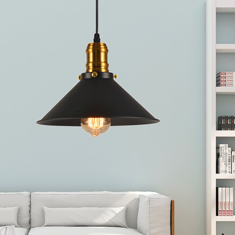 8.5"/10"/12" Wide Industrial Tapered Pendant Light 1 Light Metal Hanging Lamp in Black for Restaurant Black 10" Clearhalo 'Art Deco Pendants' 'Black' 'Cast Iron' 'Ceiling Lights' 'Ceramic' 'Crystal' 'Industrial Pendants' 'Industrial' 'Metal' 'Middle Century Pendants' 'Pendant Lights' 'Pendants' 'Rustic Pendants' 'Tiffany' Lighting' 467942