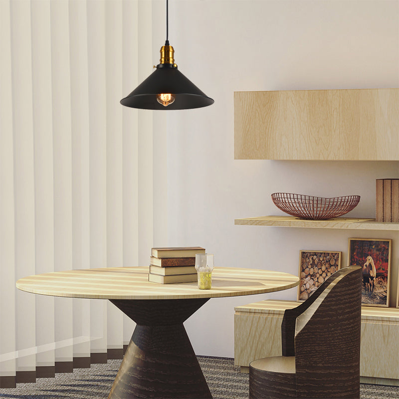 8.5"/10"/12" Wide Industrial Tapered Pendant Light 1 Light Metal Hanging Lamp in Black for Restaurant Black 12" Clearhalo 'Art Deco Pendants' 'Black' 'Cast Iron' 'Ceiling Lights' 'Ceramic' 'Crystal' 'Industrial Pendants' 'Industrial' 'Metal' 'Middle Century Pendants' 'Pendant Lights' 'Pendants' 'Rustic Pendants' 'Tiffany' Lighting' 467945