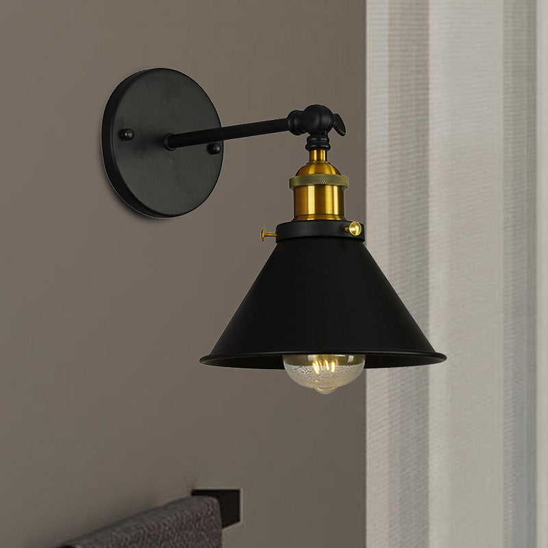 Black/Brass Finish Flared Sconce Light Fixture Industrial Metal 1 Bulb Bedroom Wall Light, 7"/8.5" Width Clearhalo 'Art deco wall lights' 'Cast Iron' 'Glass' 'Industrial wall lights' 'Industrial' 'Middle century wall lights' 'Modern' 'Rustic wall lights' 'Tiffany' 'Traditional wall lights' 'Wall Lamps & Sconces' 'Wall Lights' Lighting' 467988