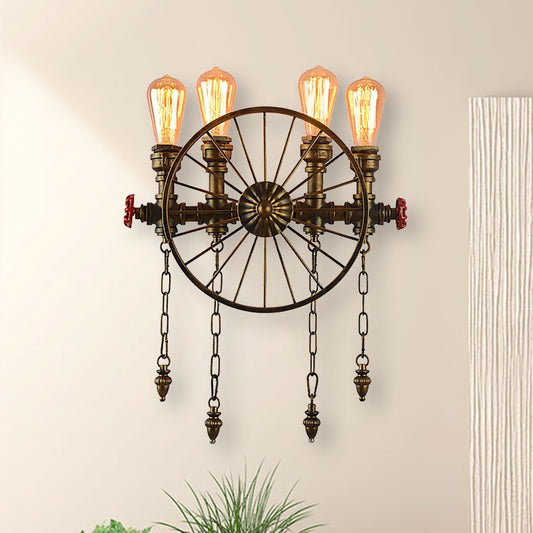 4 Lights Wheel Wall Lighting with Exposed Bulb Industrial Rustic Bronze/Silver Metal Sconce Lighting for Living Room Clearhalo 'Art deco wall lights' 'Cast Iron' 'Glass' 'Industrial wall lights' 'Industrial' 'Middle century wall lights' 'Modern' 'Rustic wall lights' 'Tiffany' 'Traditional wall lights' 'Wall Lamps & Sconces' 'Wall Lights' Lighting' 467990