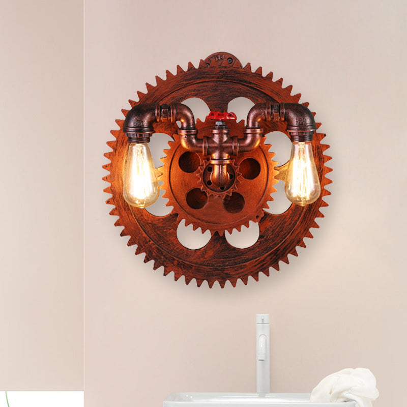 Iron Exposed Bulb Wall Mount Light Vintage Style 2 Lights Farmhouse Wall Lighting with Gear Decoration in Copper Clearhalo 'Art deco wall lights' 'Cast Iron' 'Glass' 'Industrial wall lights' 'Industrial' 'Middle century wall lights' 'Modern' 'Rustic wall lights' 'Tiffany' 'Traditional wall lights' 'Wall Lamps & Sconces' 'Wall Lights' Lighting' 467992