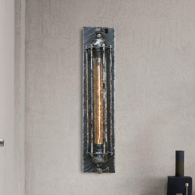 1 Light Linear Wall Sconce with Wire Frame Industrial Black/Silver Metallic Wall Mount Light for Bedroom Clearhalo 'Art deco wall lights' 'Cast Iron' 'Glass' 'Industrial wall lights' 'Industrial' 'Middle century wall lights' 'Modern' 'Rustic wall lights' 'Tiffany' 'Traditional wall lights' 'Wall Lamps & Sconces' 'Wall Lights' Lighting' 468003