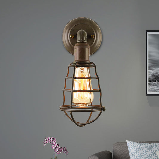 Rust Finish Mini Wall Lamp with Cage Shade Antique Style Iron 1 Light Farmhouse Wall Mount Lighting Clearhalo 'Art deco wall lights' 'Cast Iron' 'Glass' 'Industrial wall lights' 'Industrial' 'Middle century wall lights' 'Modern' 'Rustic wall lights' 'Tiffany' 'Traditional wall lights' 'Wall Lamps & Sconces' 'Wall Lights' Lighting' 468006