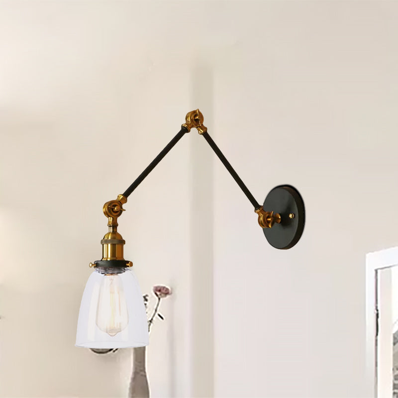 Tapered Beside Sconce Light Fixture Antique Clear Glass 1 Light Black/Silver/Brass Wall Lamp with Swing Arm Clearhalo 'Cast Iron' 'Glass' 'Industrial wall lights' 'Industrial' 'Middle century wall lights' 'Modern' 'Tiffany' 'Traditional wall lights' 'Wall Lamps & Sconces' 'Wall Lights' Lighting' 468043