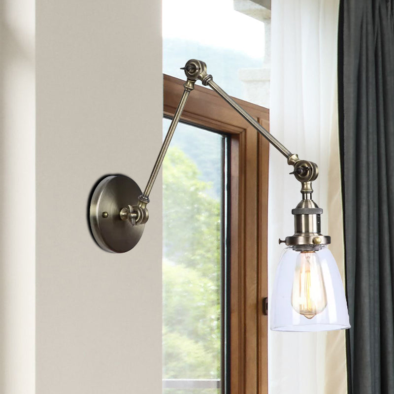 Tapered Beside Sconce Light Fixture Antique Clear Glass 1 Light Black/Silver/Brass Wall Lamp with Swing Arm Clearhalo 'Cast Iron' 'Glass' 'Industrial wall lights' 'Industrial' 'Middle century wall lights' 'Modern' 'Tiffany' 'Traditional wall lights' 'Wall Lamps & Sconces' 'Wall Lights' Lighting' 468045