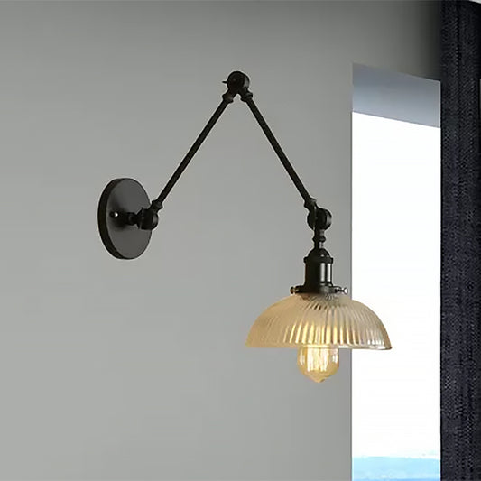 1 Light Ribbed Glass Wall Sconce Light Industrial Antique Brass/Black/Rust Dome Living Room Lighting Fixture with Swing Arm Clearhalo 'Cast Iron' 'Glass' 'Industrial wall lights' 'Industrial' 'Middle century wall lights' 'Modern' 'Tiffany' 'Traditional wall lights' 'Wall Lamps & Sconces' 'Wall Lights' Lighting' 468058