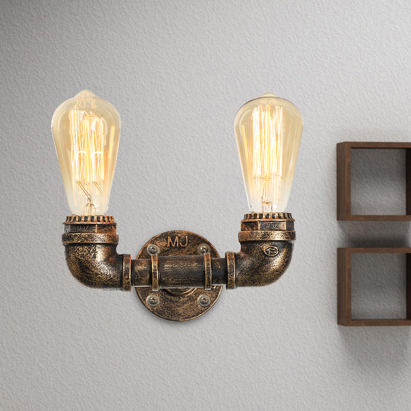 2 Heads Metal Wall Mount Light Industrial Black/Antique Brass Water Pipe Living Room Sconce Wall Light Clearhalo 'Art deco wall lights' 'Cast Iron' 'Glass' 'Industrial wall lights' 'Industrial' 'Middle century wall lights' 'Modern' 'Rustic wall lights' 'Tiffany' 'Traditional wall lights' 'Wall Lamps & Sconces' 'Wall Lights' Lighting' 468063