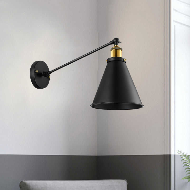 Industrial Conic Shade Sconce Wall Lighting 1 Bulb Metallic Wall Mounted Lamp in Black for Corridor Clearhalo 'Art deco wall lights' 'Cast Iron' 'Glass' 'Industrial wall lights' 'Industrial' 'Middle century wall lights' 'Modern' 'Rustic wall lights' 'Tiffany' 'Traditional wall lights' 'Wall Lamps & Sconces' 'Wall Lights' Lighting' 468064