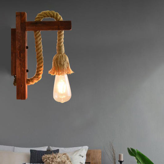 Rope Exposed Bulb Sconce Lighting Coastal 1 Light Living Room Wall Mounted Lamp in Red/Brown/Wood Red Clearhalo 'Industrial wall lights' 'Industrial' 'Middle century wall lights' 'Rustic wall lights' 'Tiffany' 'Wall Lamps & Sconces' 'Wall Lights' Lighting' 468065