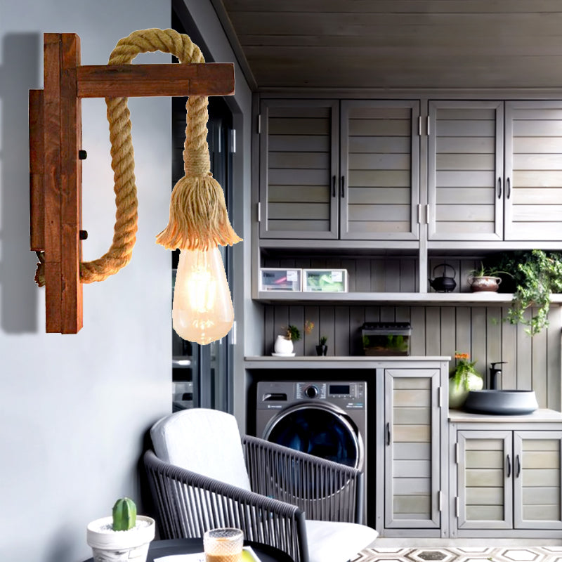 Rope Exposed Bulb Sconce Lighting Coastal 1 Light Living Room Wall Mounted Lamp in Red/Brown/Wood Clearhalo 'Industrial wall lights' 'Industrial' 'Middle century wall lights' 'Rustic wall lights' 'Tiffany' 'Wall Lamps & Sconces' 'Wall Lights' Lighting' 468066