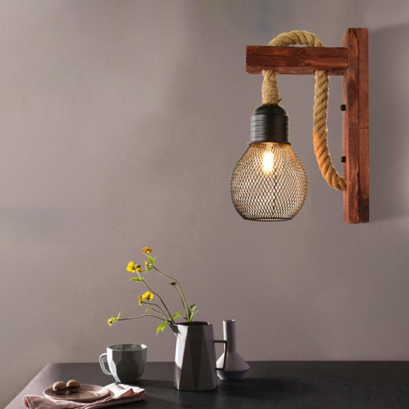 Rope Exposed Bulb Sconce Lighting Coastal 1 Light Living Room Wall Mounted Lamp in Red/Brown/Wood Brown Clearhalo 'Industrial wall lights' 'Industrial' 'Middle century wall lights' 'Rustic wall lights' 'Tiffany' 'Wall Lamps & Sconces' 'Wall Lights' Lighting' 468069