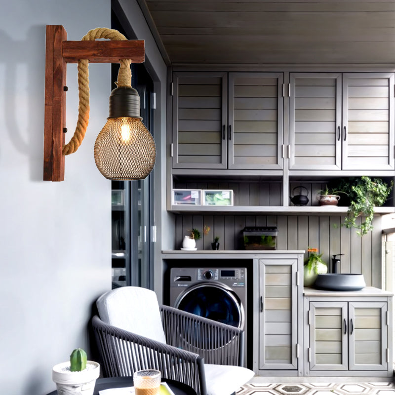 Rope Exposed Bulb Sconce Lighting Coastal 1 Light Living Room Wall Mounted Lamp in Red/Brown/Wood Clearhalo 'Industrial wall lights' 'Industrial' 'Middle century wall lights' 'Rustic wall lights' 'Tiffany' 'Wall Lamps & Sconces' 'Wall Lights' Lighting' 468070
