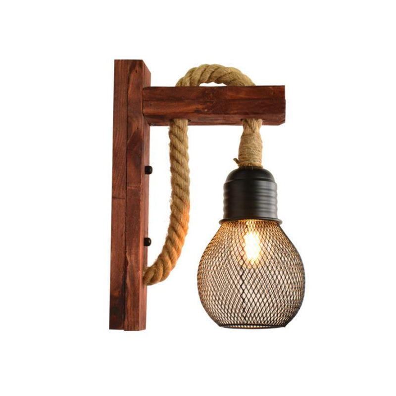 Rope Exposed Bulb Sconce Lighting Coastal 1 Light Living Room Wall Mounted Lamp in Red/Brown/Wood Clearhalo 'Industrial wall lights' 'Industrial' 'Middle century wall lights' 'Rustic wall lights' 'Tiffany' 'Wall Lamps & Sconces' 'Wall Lights' Lighting' 468071