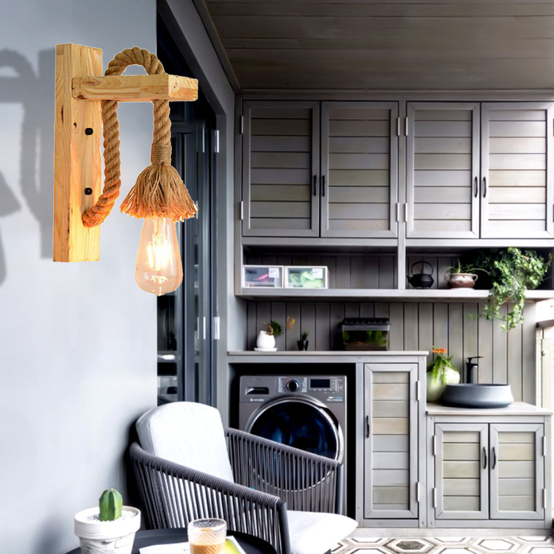 Rope Exposed Bulb Sconce Lighting Coastal 1 Light Living Room Wall Mounted Lamp in Red/Brown/Wood Clearhalo 'Industrial wall lights' 'Industrial' 'Middle century wall lights' 'Rustic wall lights' 'Tiffany' 'Wall Lamps & Sconces' 'Wall Lights' Lighting' 468073