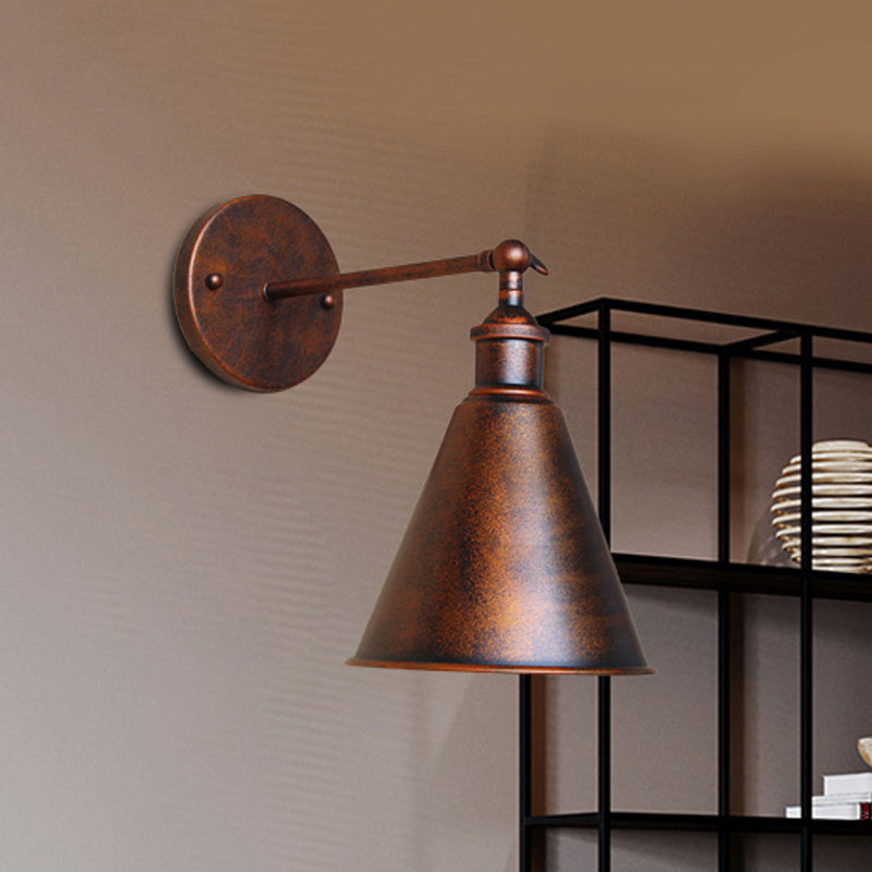 Black/Rust 1 Head Wall Lamp Farmhouse Style Wrought Iron Conical Adjustable Sconce Light Fixture for Outdoor Clearhalo 'Art deco wall lights' 'Cast Iron' 'Glass' 'Industrial wall lights' 'Industrial' 'Middle century wall lights' 'Modern' 'Rustic wall lights' 'Tiffany' 'Traditional wall lights' 'Wall Lamps & Sconces' 'Wall Lights' Lighting' 468081
