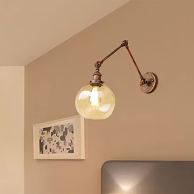 One Bulb Wall Light with Globe Shade Clear Glass Industrial Bedroom Sconce Lighting Fixture in Black/Antique Brass/Rust Clearhalo 'Cast Iron' 'Glass' 'Industrial wall lights' 'Industrial' 'Middle century wall lights' 'Modern' 'Tiffany' 'Traditional wall lights' 'Wall Lamps & Sconces' 'Wall Lights' Lighting' 468084