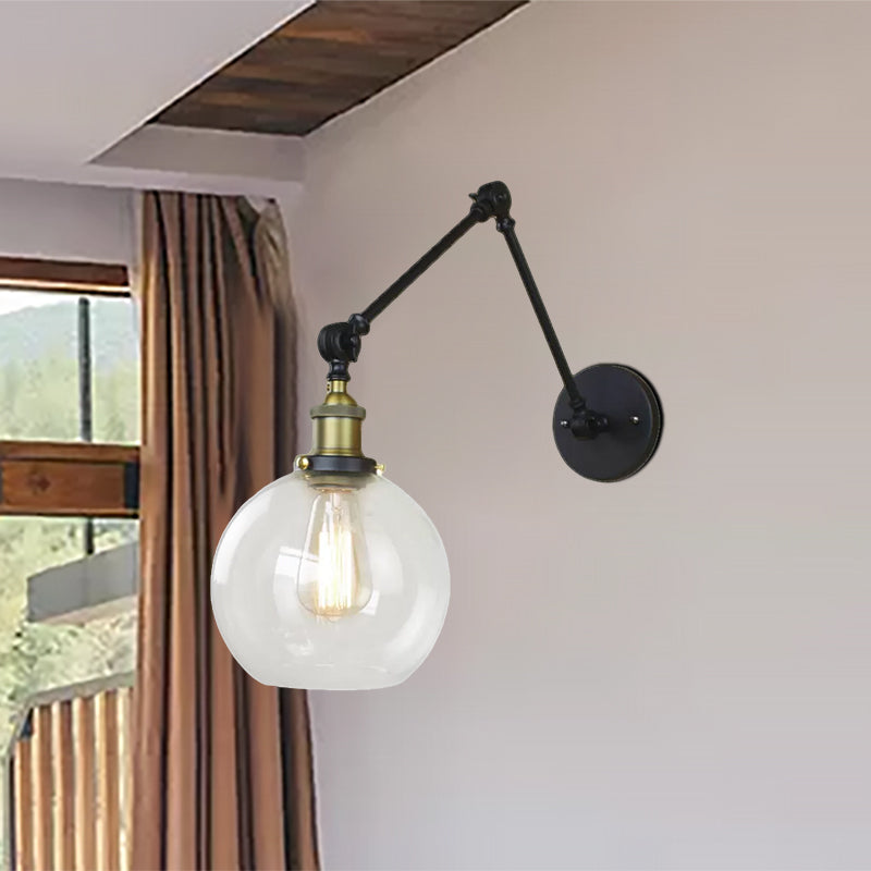 One Bulb Wall Light with Globe Shade Clear Glass Industrial Bedroom Sconce Lighting Fixture in Black/Antique Brass/Rust Clearhalo 'Cast Iron' 'Glass' 'Industrial wall lights' 'Industrial' 'Middle century wall lights' 'Modern' 'Tiffany' 'Traditional wall lights' 'Wall Lamps & Sconces' 'Wall Lights' Lighting' 468085
