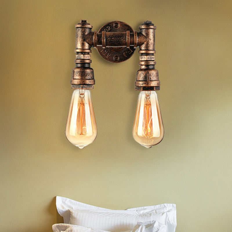 Industrial Bare Bulb Wall Sconce Lighting with Water Pipe 2 Lights Metallic Wall Mounted Lamp in Black/Antique Brass Clearhalo 'Art deco wall lights' 'Cast Iron' 'Glass' 'Industrial wall lights' 'Industrial' 'Middle century wall lights' 'Modern' 'Rustic wall lights' 'Tiffany' 'Traditional wall lights' 'Wall Lamps & Sconces' 'Wall Lights' Lighting' 468158