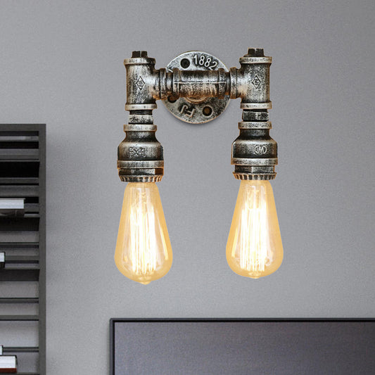 Industrial Bare Bulb Wall Sconce Lighting with Water Pipe 2 Lights Metallic Wall Mounted Lamp in Black/Antique Brass Clearhalo 'Art deco wall lights' 'Cast Iron' 'Glass' 'Industrial wall lights' 'Industrial' 'Middle century wall lights' 'Modern' 'Rustic wall lights' 'Tiffany' 'Traditional wall lights' 'Wall Lamps & Sconces' 'Wall Lights' Lighting' 468160