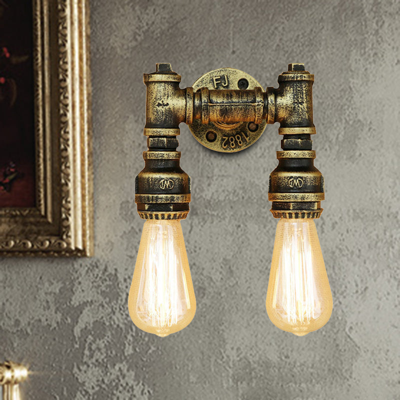 Industrial Bare Bulb Wall Sconce Lighting with Water Pipe 2 Lights Metallic Wall Mounted Lamp in Black/Antique Brass Clearhalo 'Art deco wall lights' 'Cast Iron' 'Glass' 'Industrial wall lights' 'Industrial' 'Middle century wall lights' 'Modern' 'Rustic wall lights' 'Tiffany' 'Traditional wall lights' 'Wall Lamps & Sconces' 'Wall Lights' Lighting' 468161