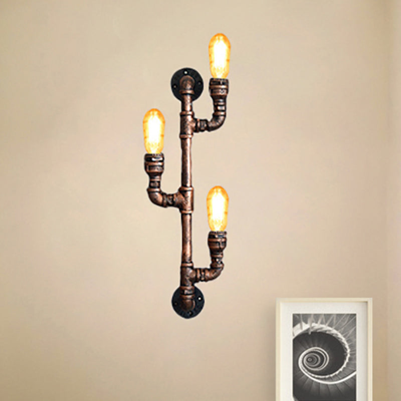 Warehouse Water Pipe Wall Sconce Lamp with Exposed Bulb 2/3 Lights Iron Wall Light Fixture in Weathered Copper Clearhalo 'Art deco wall lights' 'Cast Iron' 'Glass' 'Industrial wall lights' 'Industrial' 'Middle century wall lights' 'Modern' 'Rustic wall lights' 'Tiffany' 'Traditional wall lights' 'Wall Lamps & Sconces' 'Wall Lights' Lighting' 468169