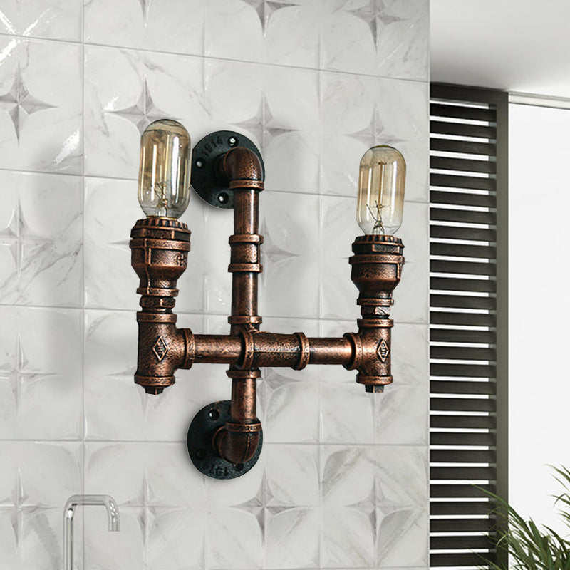 Warehouse Water Pipe Wall Sconce Lamp with Exposed Bulb 2/3 Lights Iron Wall Light Fixture in Weathered Copper Clearhalo 'Art deco wall lights' 'Cast Iron' 'Glass' 'Industrial wall lights' 'Industrial' 'Middle century wall lights' 'Modern' 'Rustic wall lights' 'Tiffany' 'Traditional wall lights' 'Wall Lamps & Sconces' 'Wall Lights' Lighting' 468170