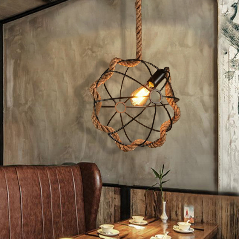 Beige 1 Light Pendant Lighting Industrial Metal and Rope Round Hanging Lamp for Dining Room Clearhalo 'Ceiling Lights' 'Industrial Pendants' 'Industrial' 'Middle Century Pendants' 'Pendant Lights' 'Pendants' 'Tiffany' Lighting' 468176