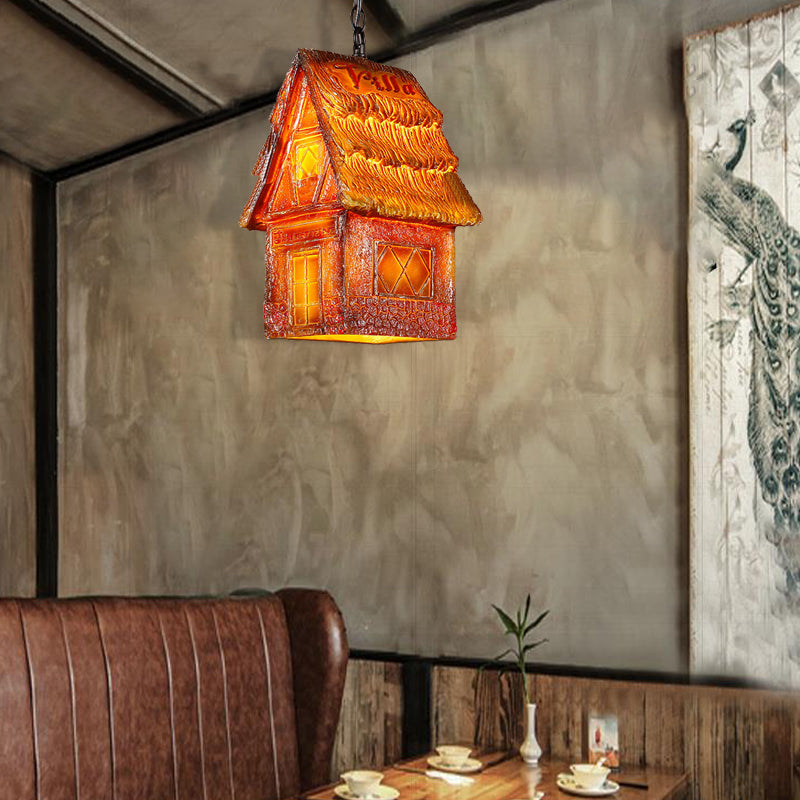 1 Light Hanging Ceiling Light with House Shade Resin Vintage Dining Room Pendant Lighting in Brown/Pink Clearhalo 'Ceiling Lights' 'Industrial Pendants' 'Industrial' 'Middle Century Pendants' 'Pendant Lights' 'Pendants' 'Tiffany' Lighting' 468192