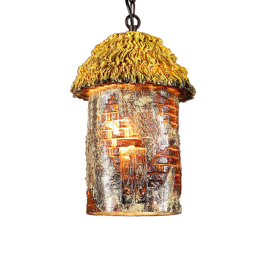 1 Light Hanging Ceiling Light with House Shade Resin Vintage Dining Room Pendant Lighting in Brown/Pink Clearhalo 'Ceiling Lights' 'Industrial Pendants' 'Industrial' 'Middle Century Pendants' 'Pendant Lights' 'Pendants' 'Tiffany' Lighting' 468196