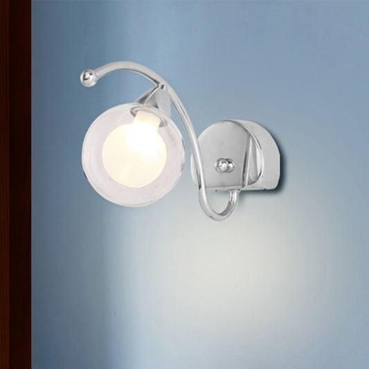 Modern Globe Wall Lamp Clear Glass 1 Light Bedroom Led Wall Light Sconce in Chrome with Curved Arm Clearhalo 'Cast Iron' 'Glass' 'Industrial' 'Modern wall lights' 'Modern' 'Tiffany' 'Traditional wall lights' 'Wall Lamps & Sconces' 'Wall Lights' Lighting' 468215