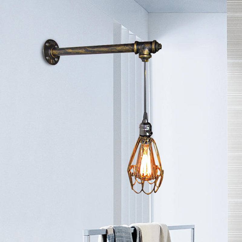 1 Head Iron Wall Lamp Rustic Style Antique Brass Caged Shade Dining Room Wall Light Fixture with Pipe Clearhalo 'Art deco wall lights' 'Cast Iron' 'Glass' 'Industrial wall lights' 'Industrial' 'Middle century wall lights' 'Modern' 'Rustic wall lights' 'Tiffany' 'Traditional wall lights' 'Wall Lamps & Sconces' 'Wall Lights' Lighting' 468220